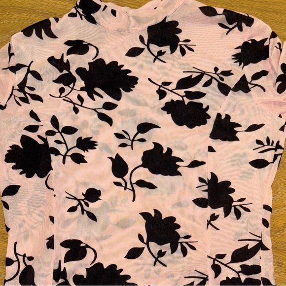 CBR SHEER DRESS MED. PINK W  BLACK FLORAL MIDI THIGH HIGH SLITS  HIGHCOLLAR NECK - Picture 9 of 14